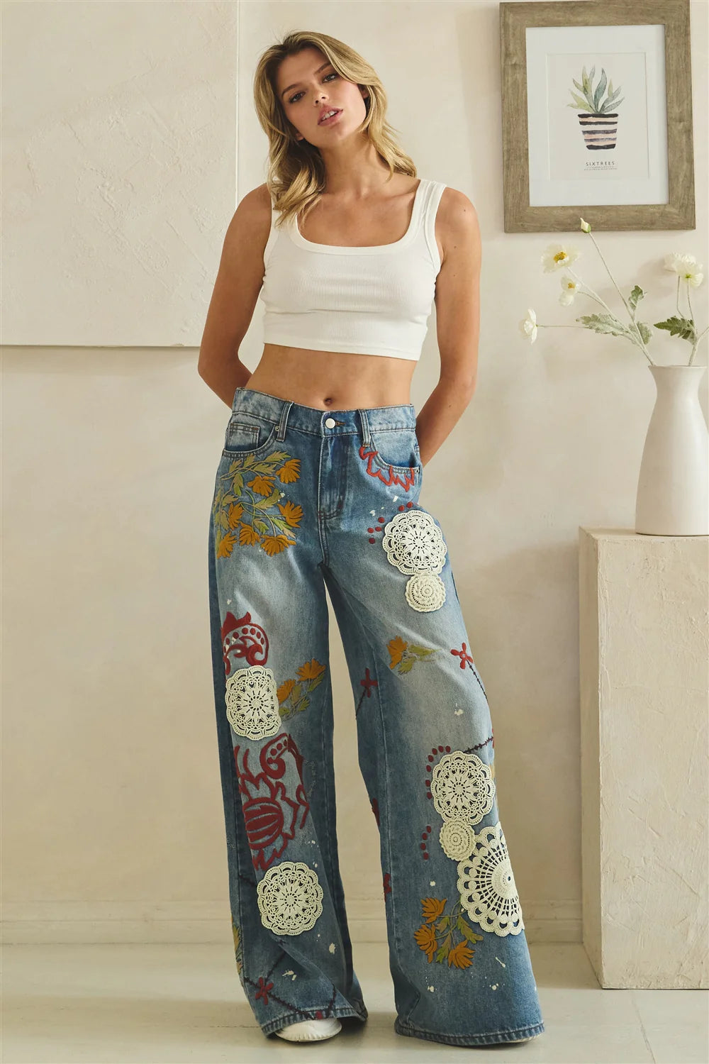 BP1190 Washed Embroidery Wide Leg Denim Jeans