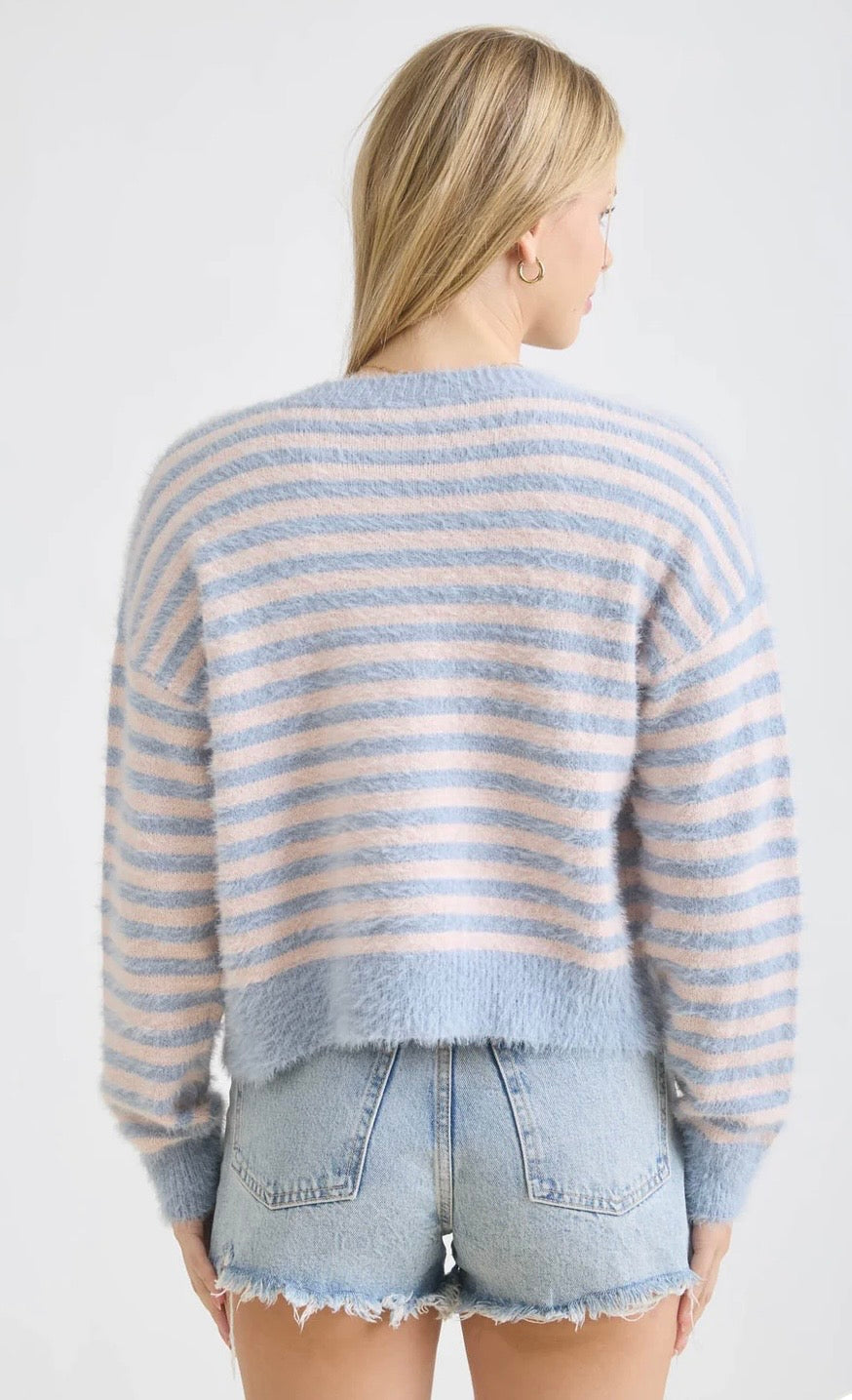 TW2085 STRIPE ROUND NECK BUTTON DOWN FUZZY KNIT CARDIGAN