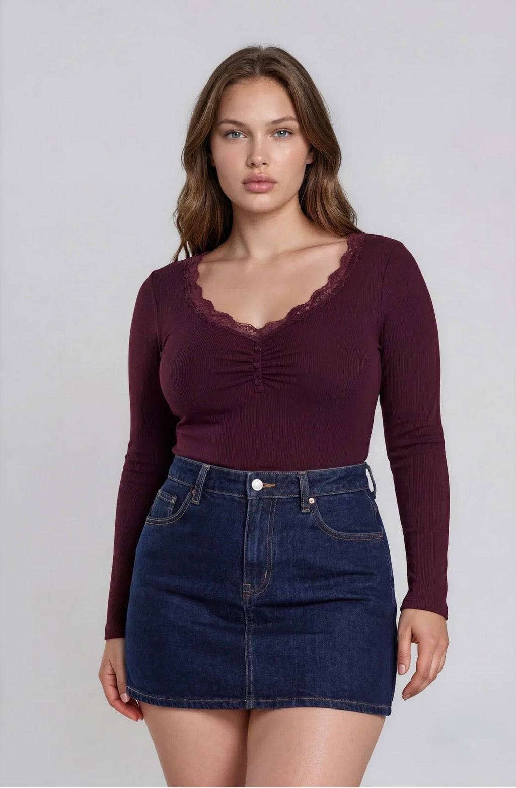 PTWS1129 PLUS LACE TRIM BUTTON DETAIL LONG SLEEVE KNIT TOP