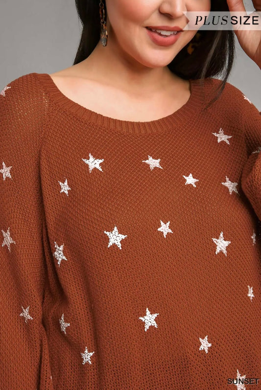 WA6081 Star Hand Stamped Round Neck Pullover Sweater