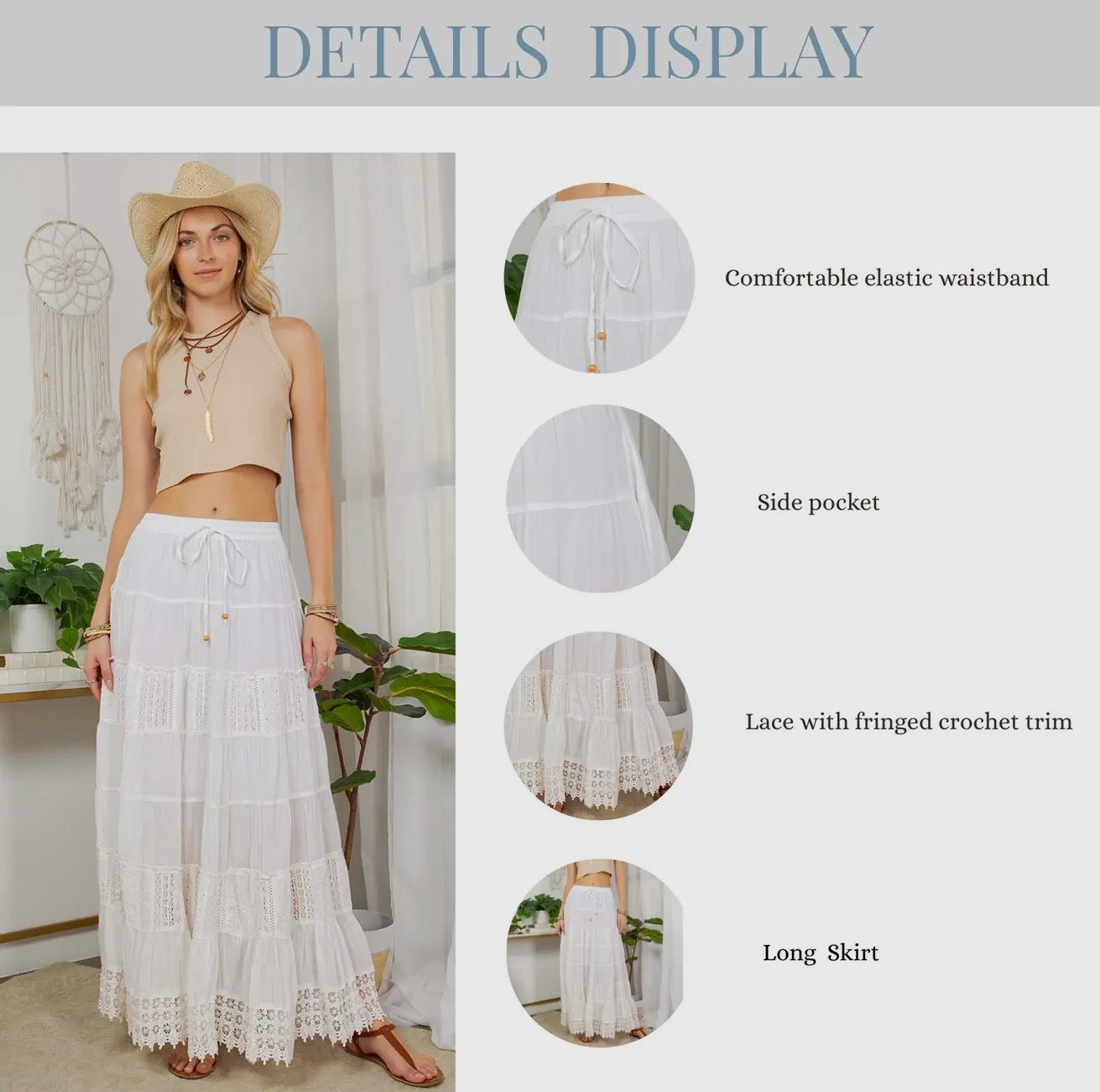 SK44107- Seven Tiered Crinkle Lace Patchwork Skirt with Pockets