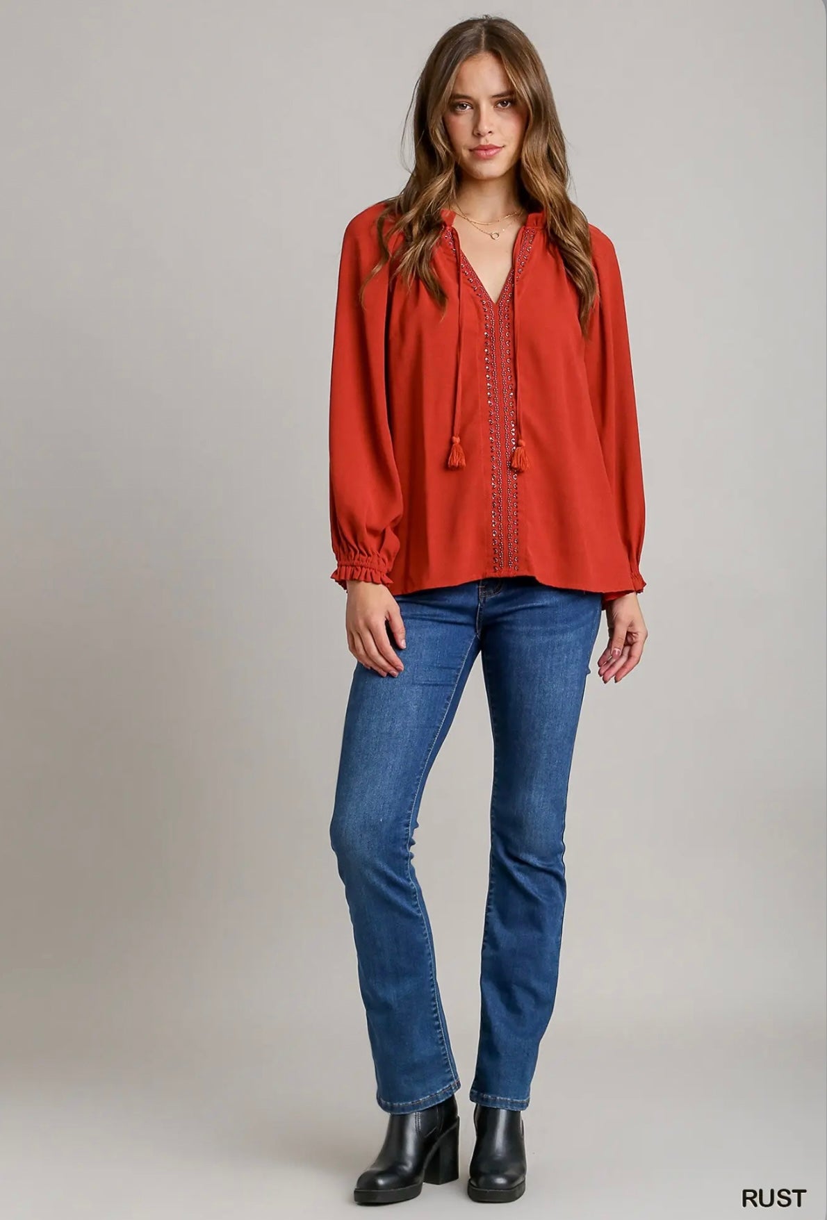 B8336 Beaded Blouse with Ruffle Neck & Tie