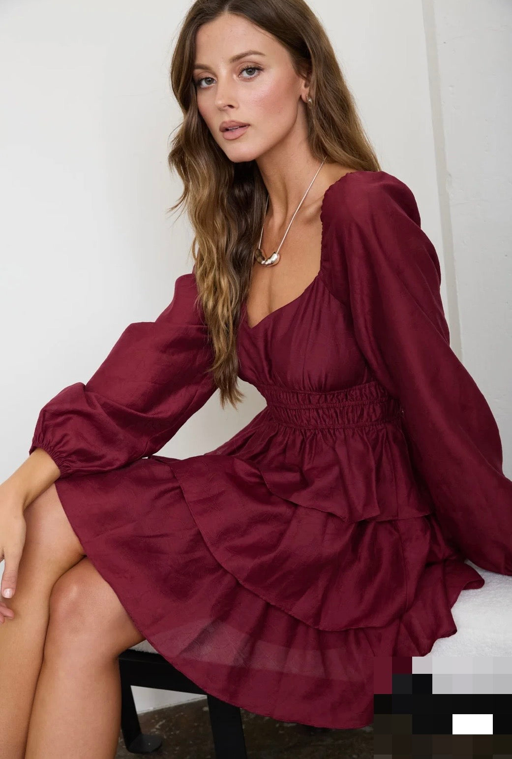 CR3116 SMOCKED BISHOP SLEEVE TIERED MINI DRESS