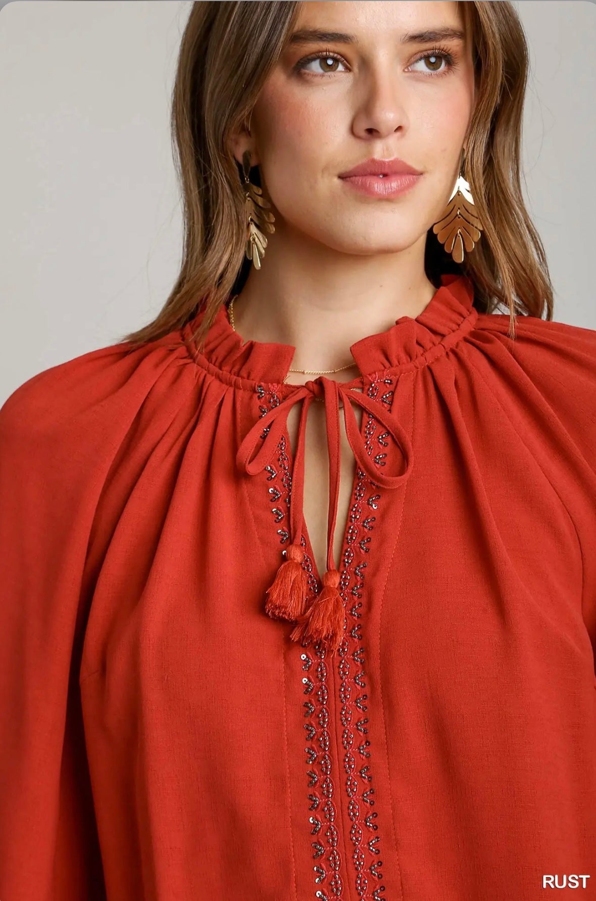 B8336 Beaded Blouse with Ruffle Neck & Tie