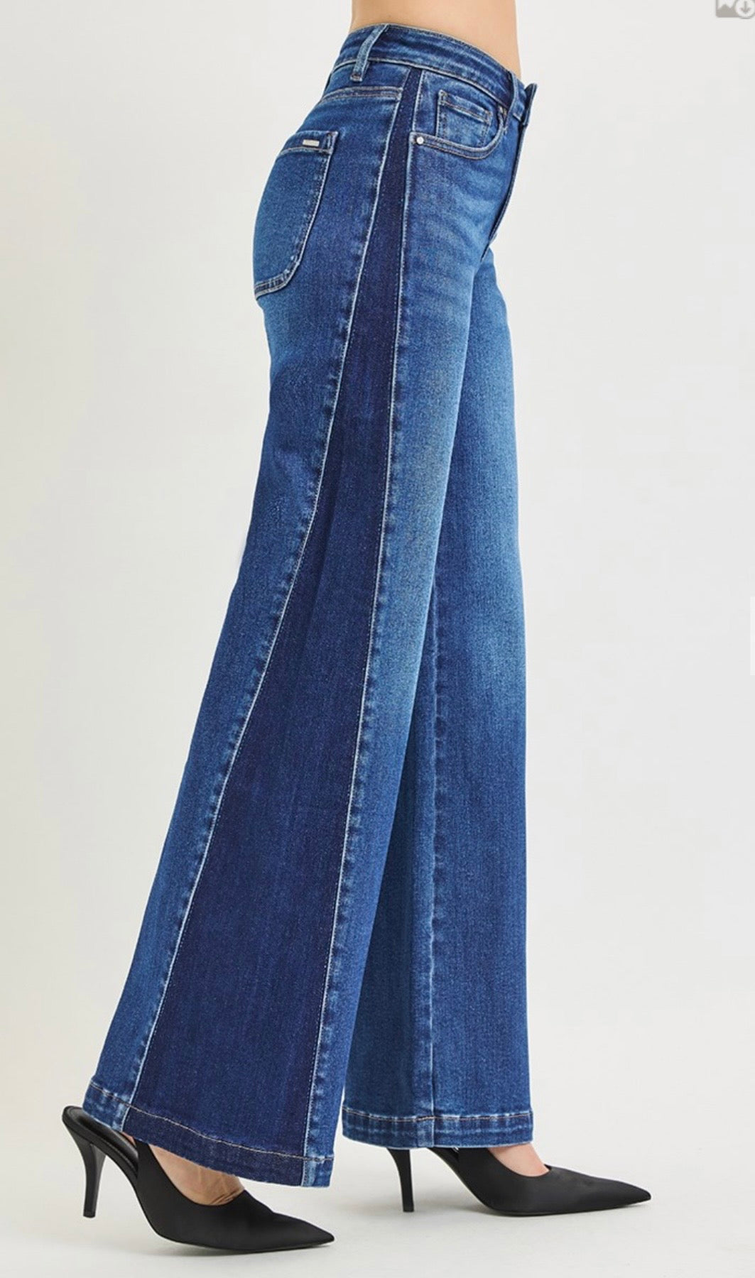 Risen Jeans-High Rise Wide Leg Contrast Side Panel Jeans