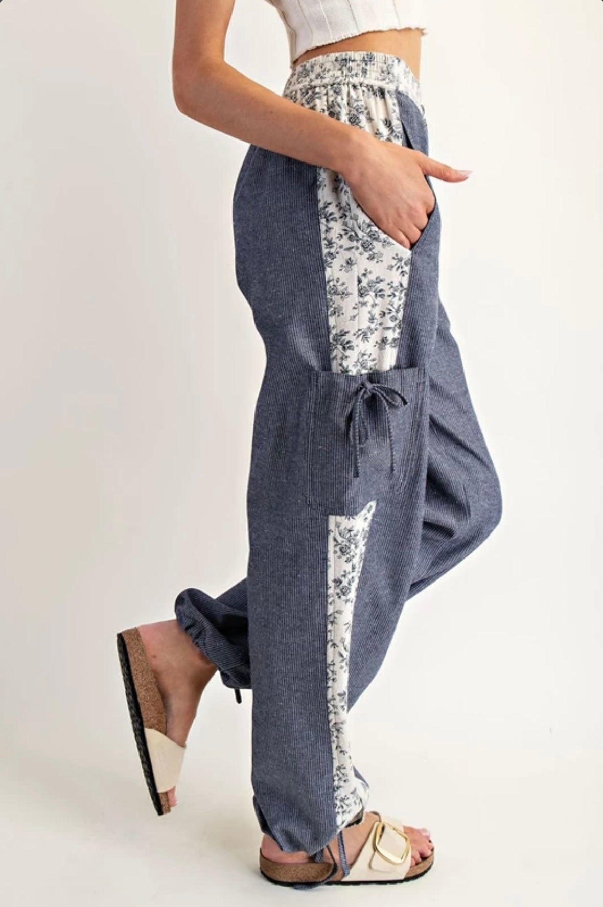 PH15041 Soft Washed Floral Striped Color Block Pants