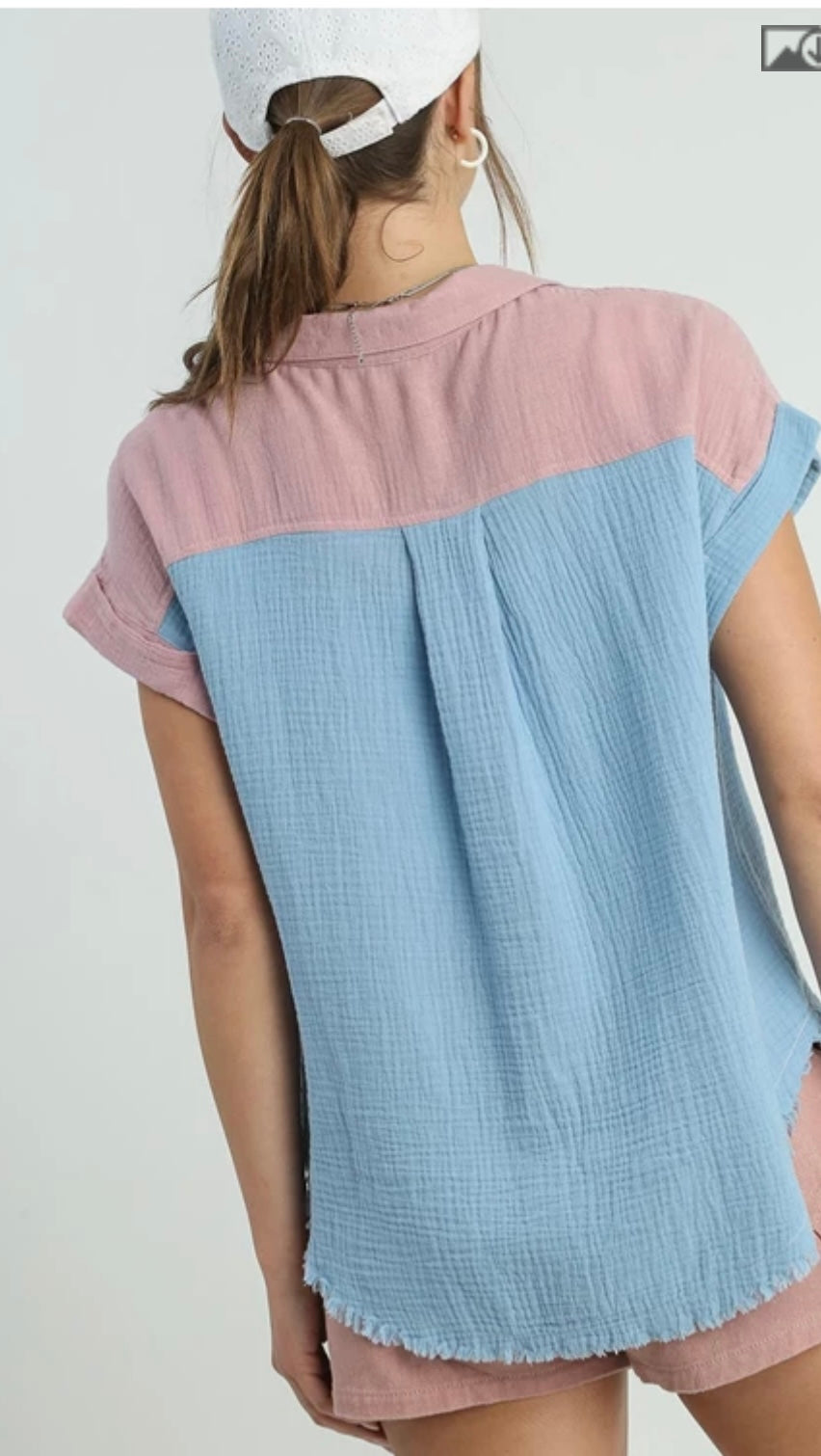 A0190 Color Block Gauze Button Up Short Folded Sleeve Top with Chest Pocket and Frayed Hemline