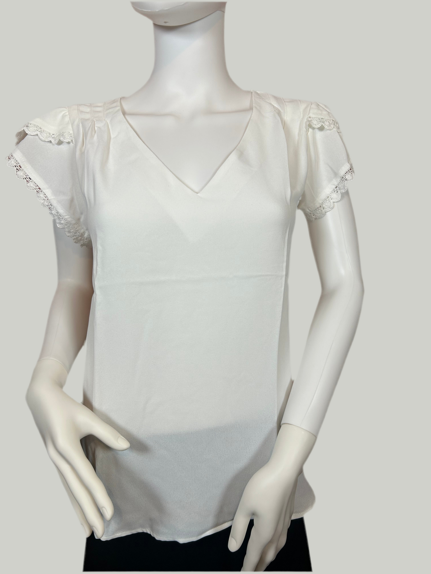 TB8574 V NECK SCALLOP LACE TRIM TULIP SLEEVE BLOUSE - WHITE
