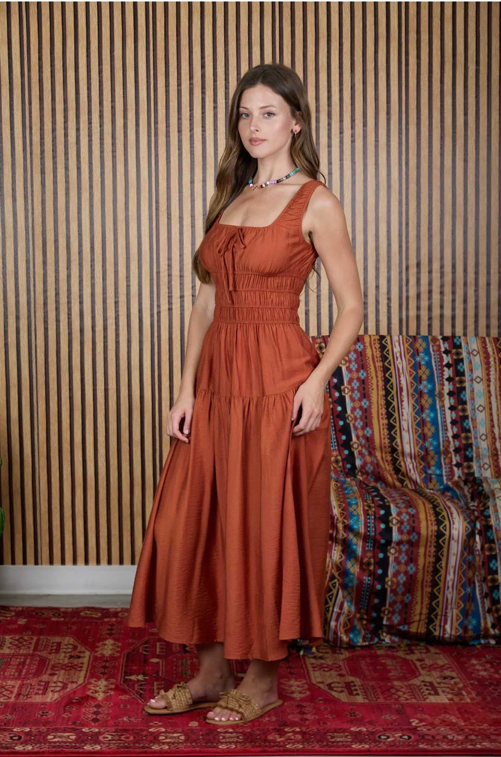 B6SD1099 Satin Front Tie Shirred Waist MIDI Dress