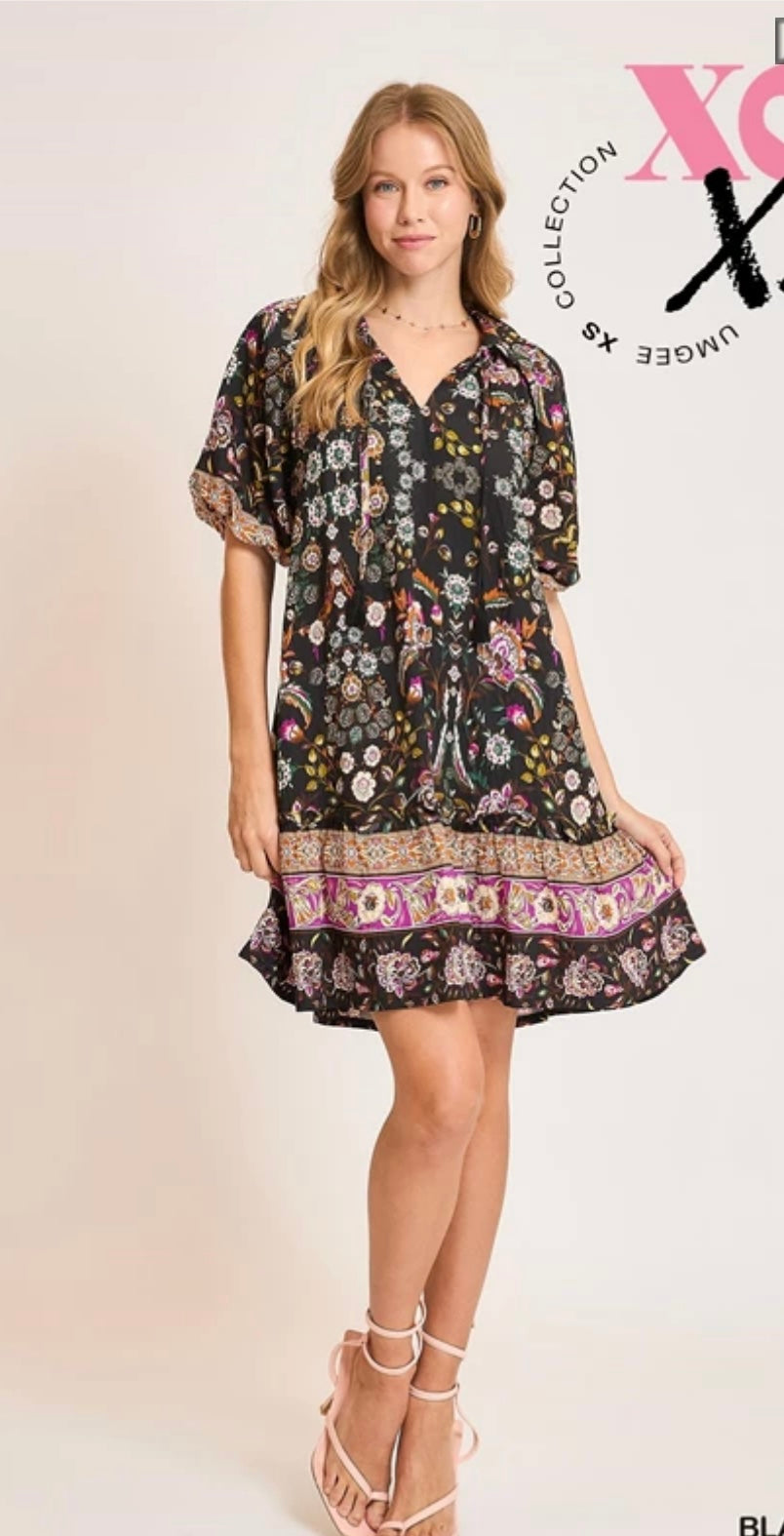 XS5092 Boho Chic Black Mix Floral Mini Dress