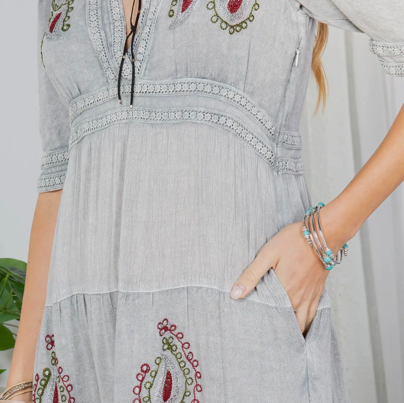 DR44607 Boho Gray Maxi Dress with Embroidered Accents