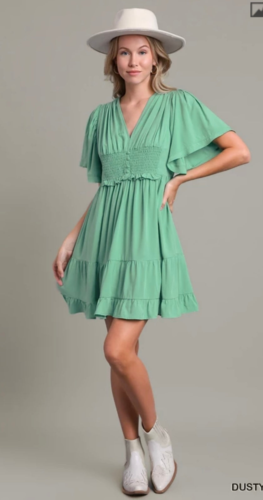 R0274 Short-sleeved Tiered Dress featuring a Deep V-Neck and Smocked Waist.