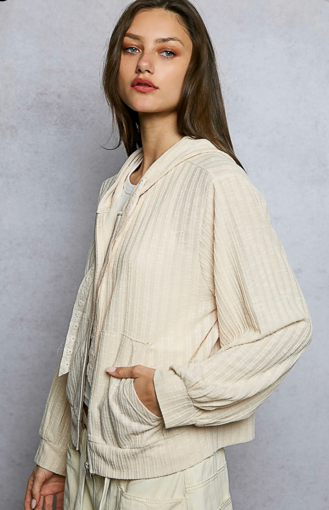 YKT1735A Almond Hooded Zip Up Jacket