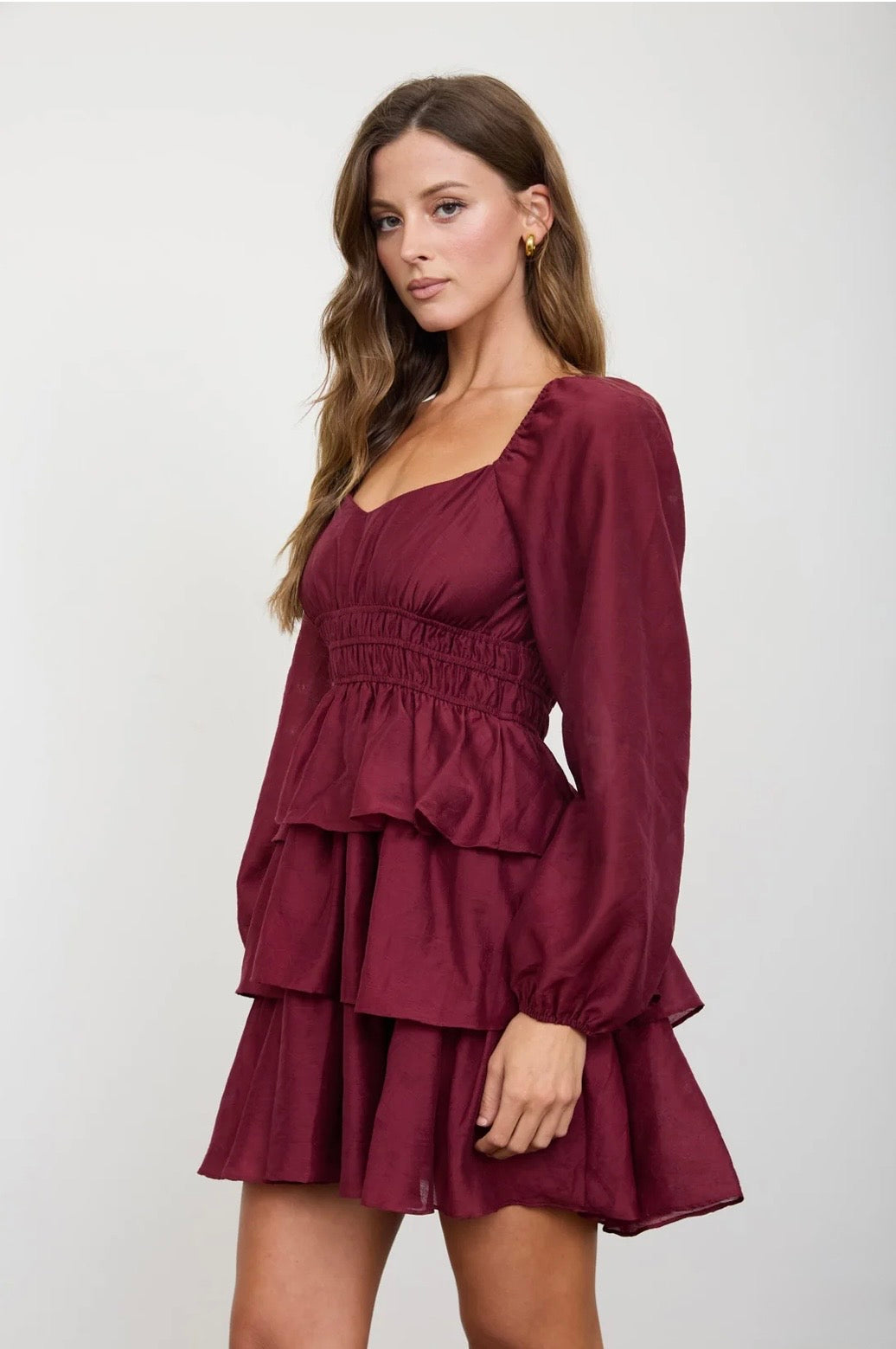 CR3116 SMOCKED BISHOP SLEEVE TIERED MINI DRESS