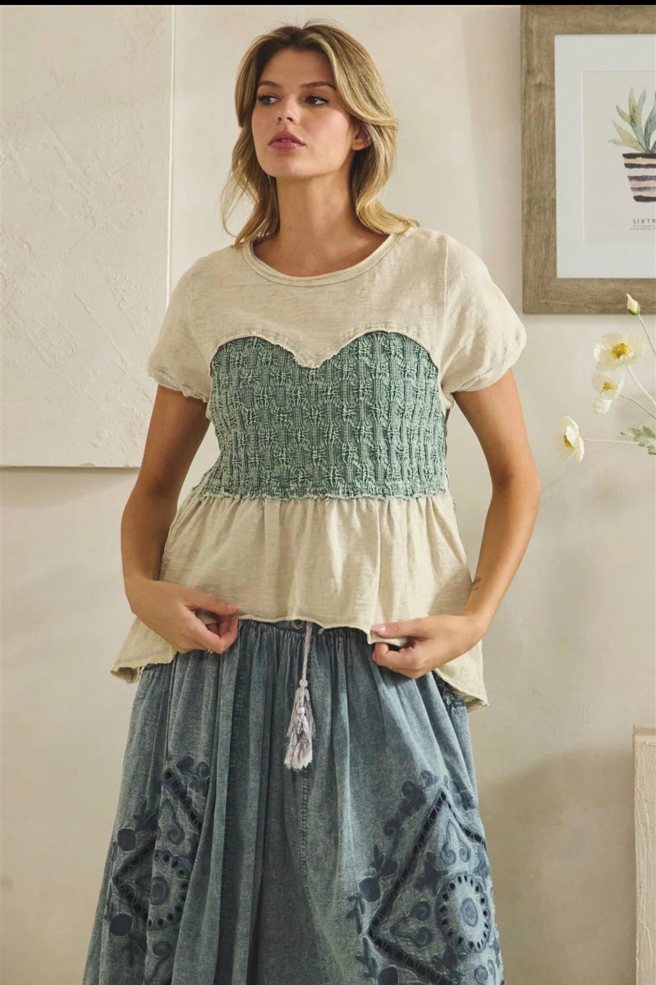 JT0979 Washed Smocked Peplum Top