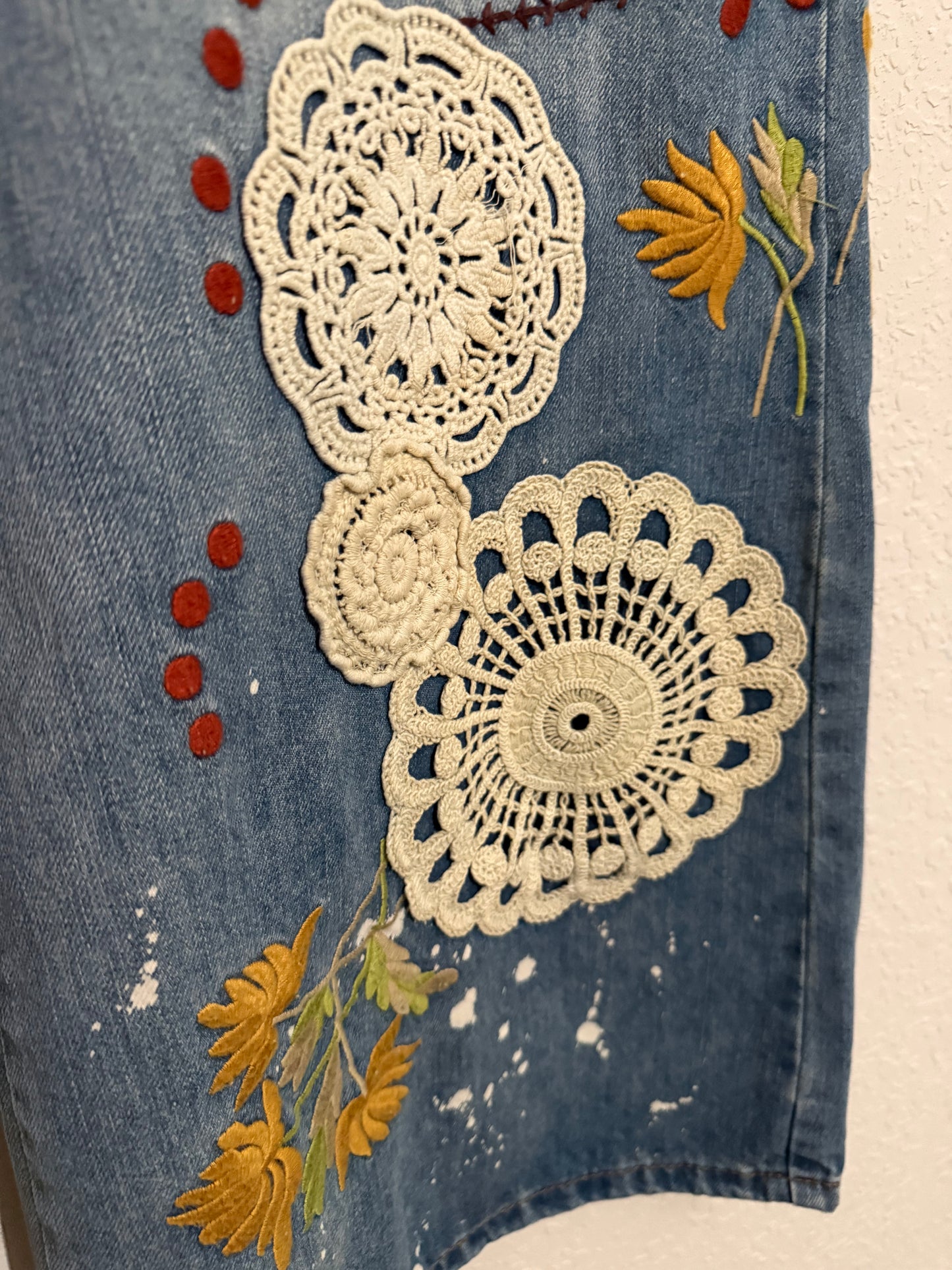 BP1190 Washed Embroidery Wide Leg Denim Jeans