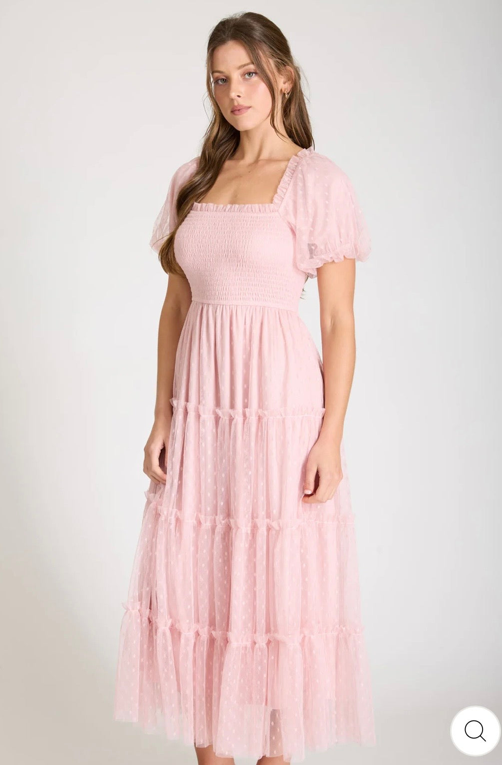 CR2739 POLKA DOT TULLE PUFF SLEEVE SMOCKED TIERED MIDI DRESS