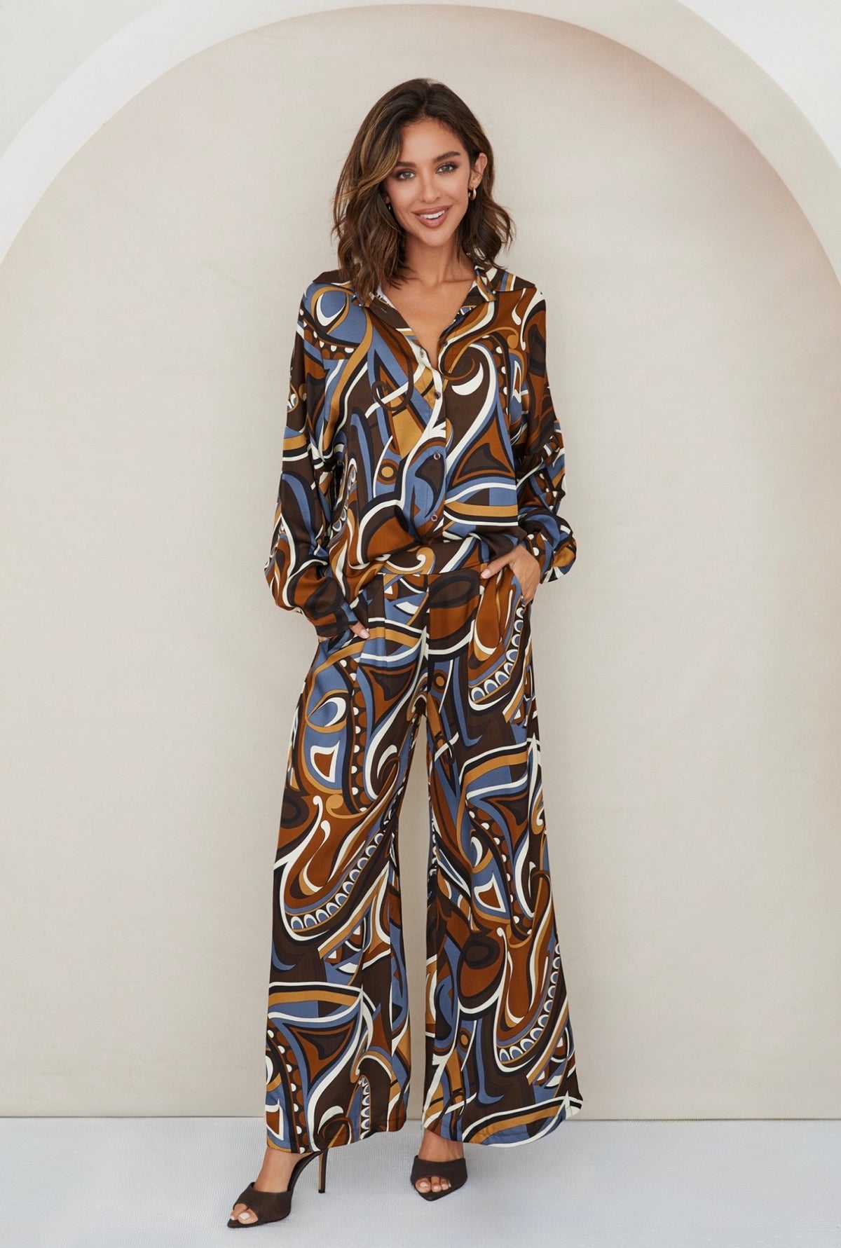 Baroque Abstract Print Elastic Back Waistband Pants with Pockets