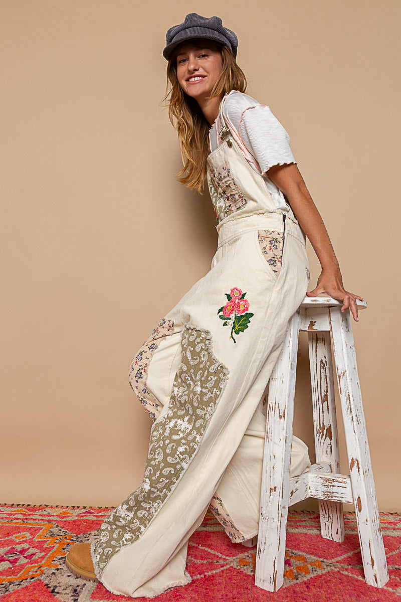 GWP15A POL Almond Denim Floral Patchwork Overalls