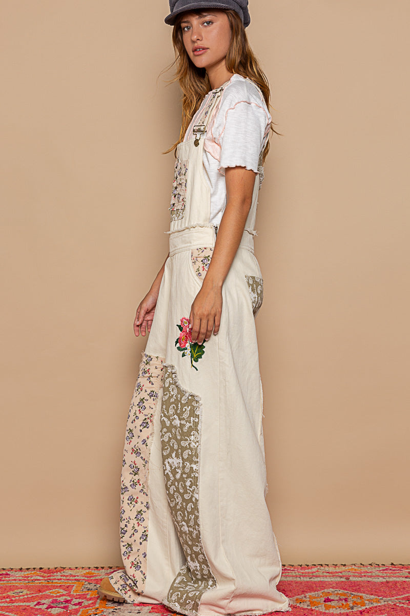 GWP15A POL Almond Denim Floral Patchwork Overalls
