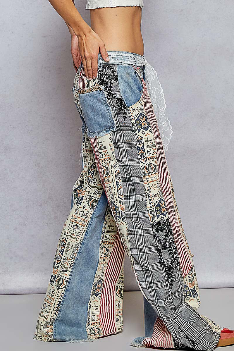 GWP35 POL Striped Patchwork Denim Jeans