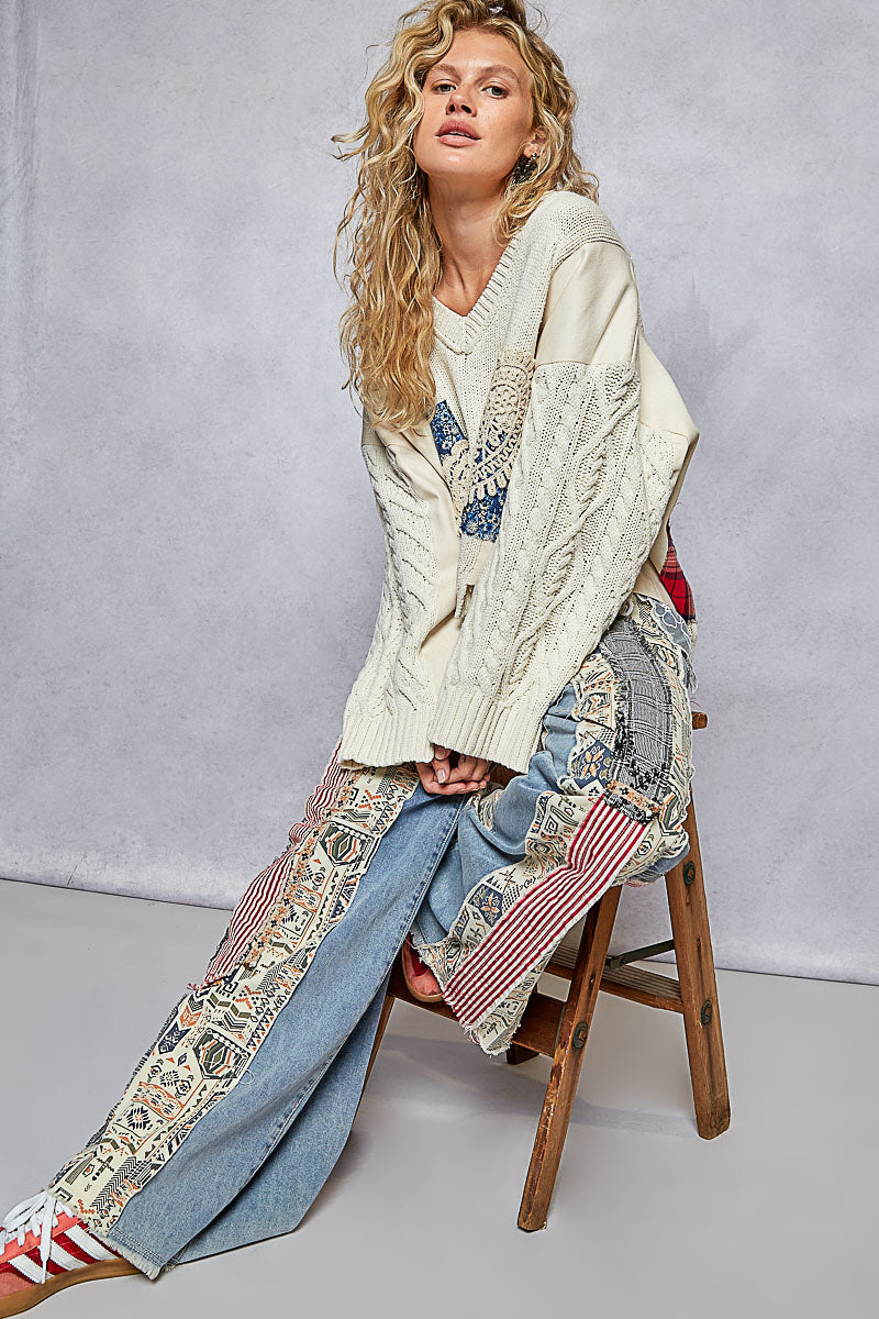 GWP35 POL Striped Patchwork Denim Jeans