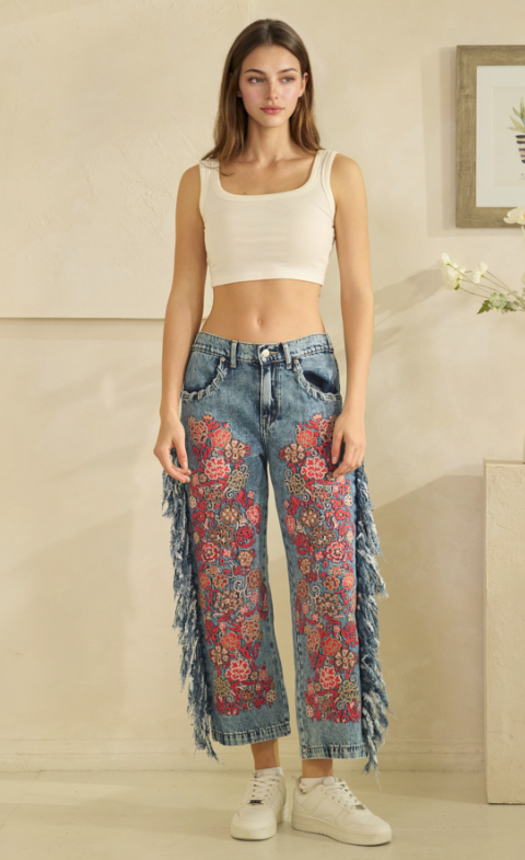 BP1145 Washed Embroidery Side Fray Jeans (More Images Coming Soon)